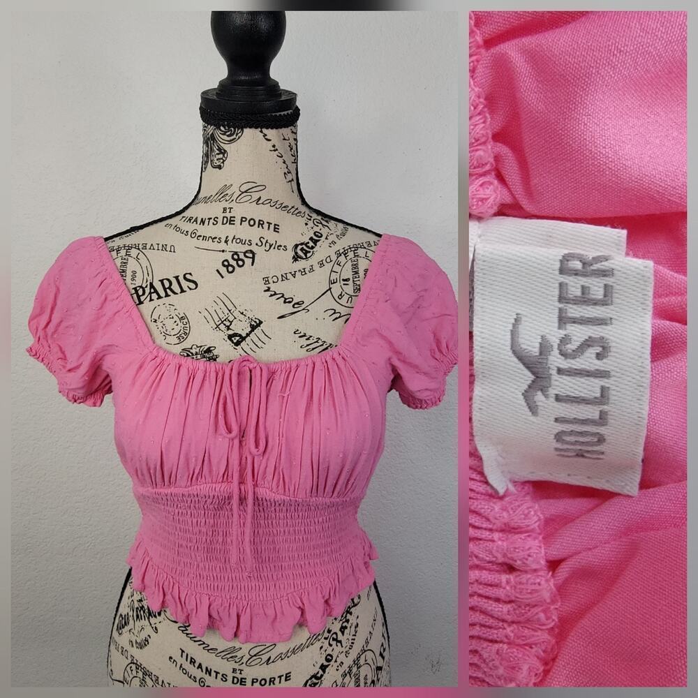 Hollister Puff Sleeve Crop Babydoll Top Size XS Pink Bow Milkwife 90s Y2k Inspo